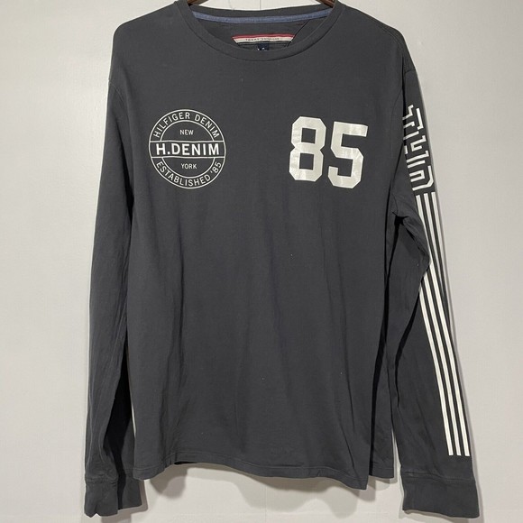 Tommy Hilfiger T-Shirt Mens Medium Gray‎ Long Sleeve Cotton Spellout logo - Picture 1 of 6